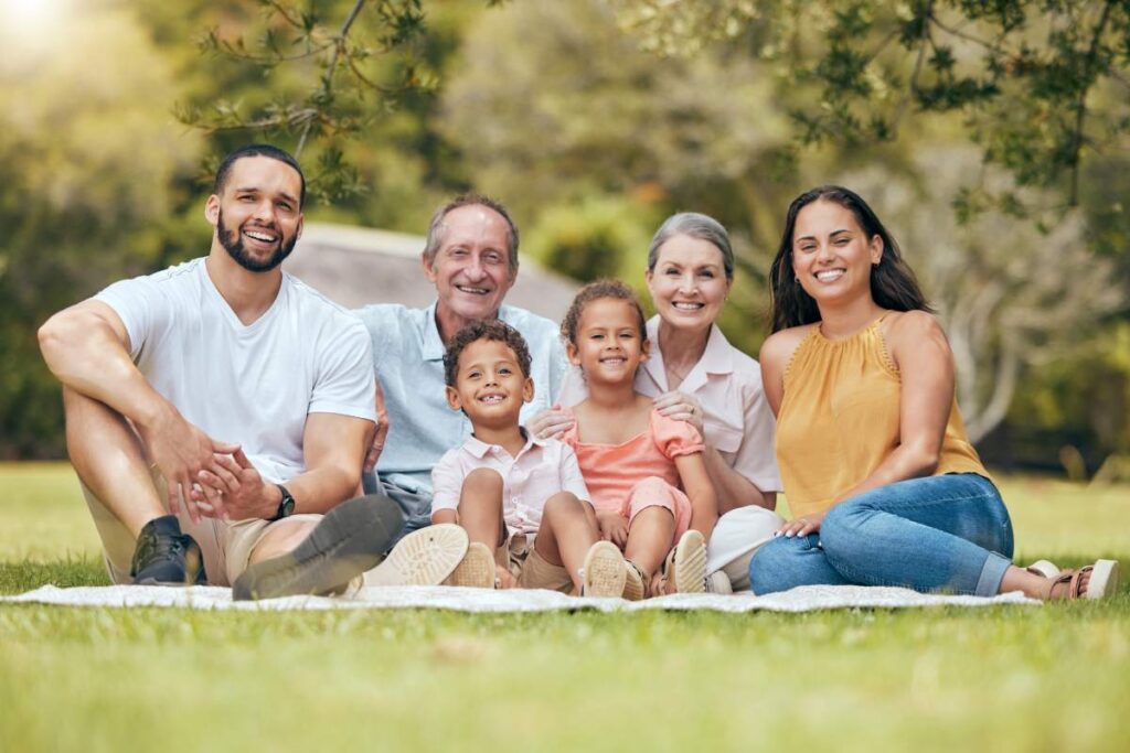 Big family, picnic and outdoor at nature park with children, parents and grandparents together for .