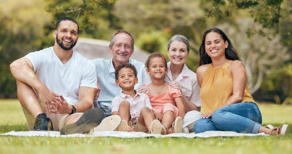 Big family, picnic and outdoor at nature park with children, parents and grandparents together for .