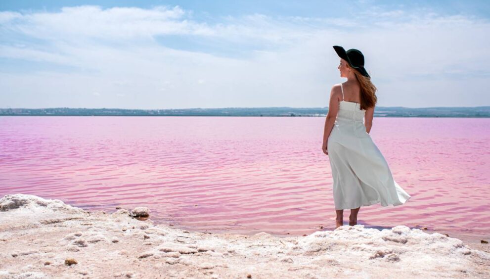 Back view of cute teenager woman wearing white dress walking on a amazing pink lake