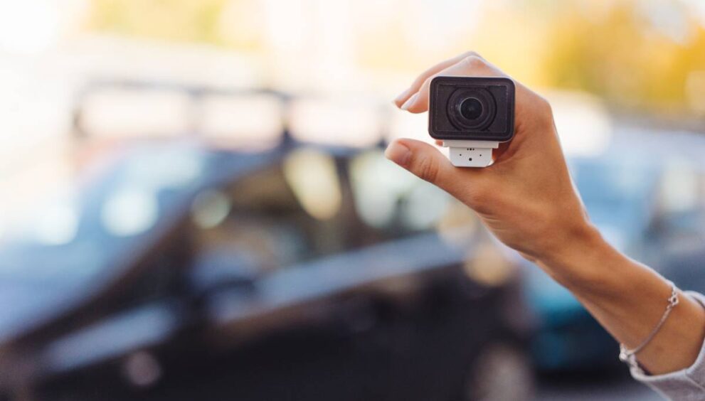 Video camera in a female hand, in the background the street is out of focus